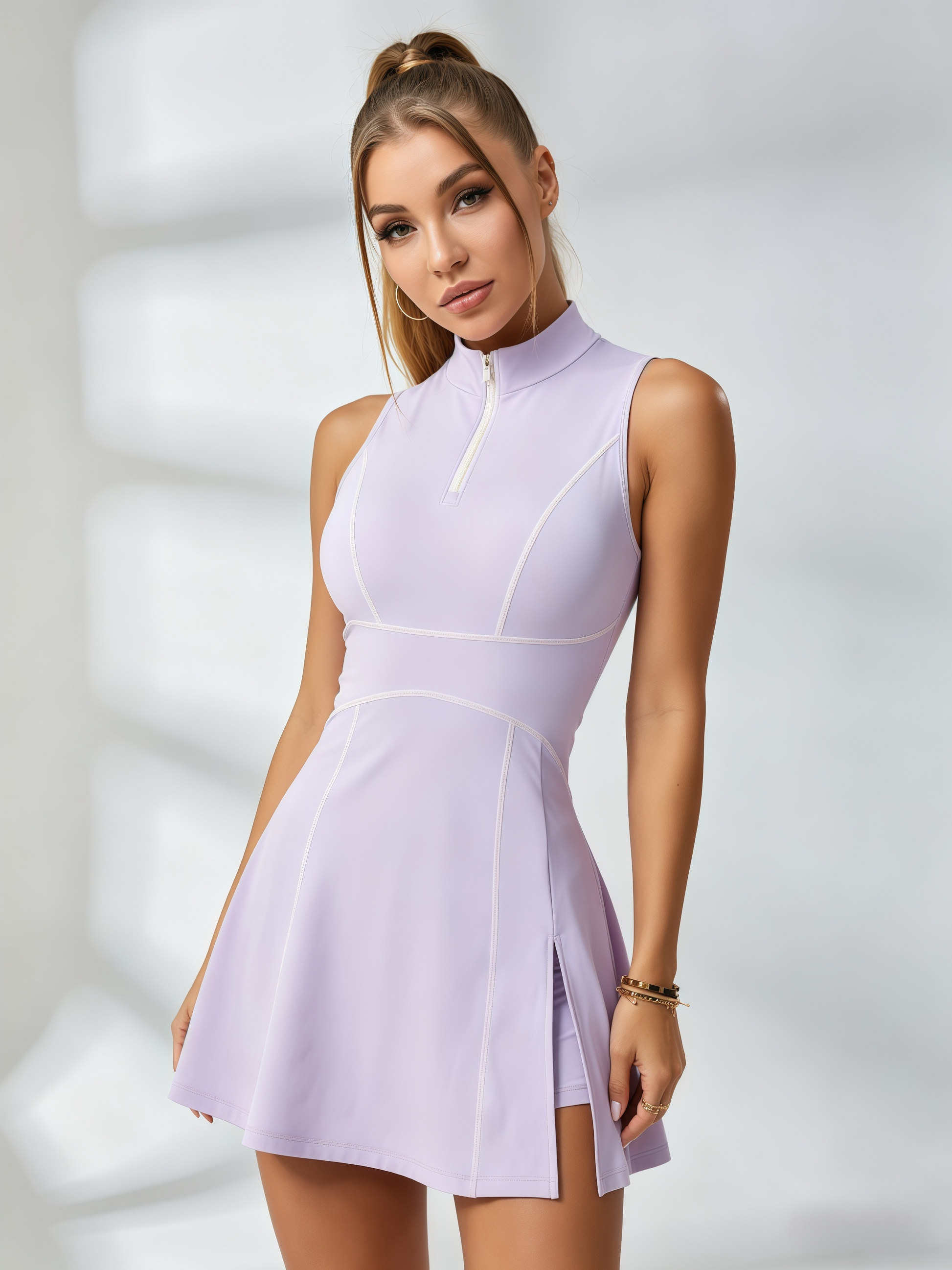 High-Neck Half-Zip Contrast Stitch Tennis Dress with Built-In Shorts