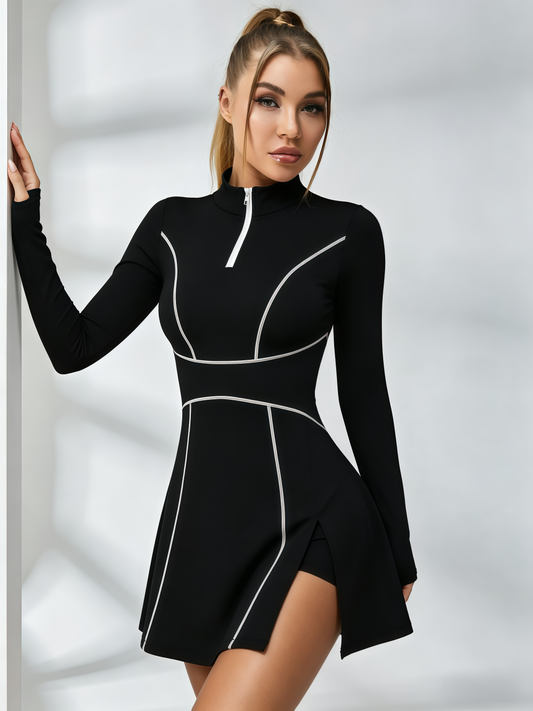 Black Long-Sleeve Half-Zip Contrast Stitch Tennis Dress with Built-In Shorts