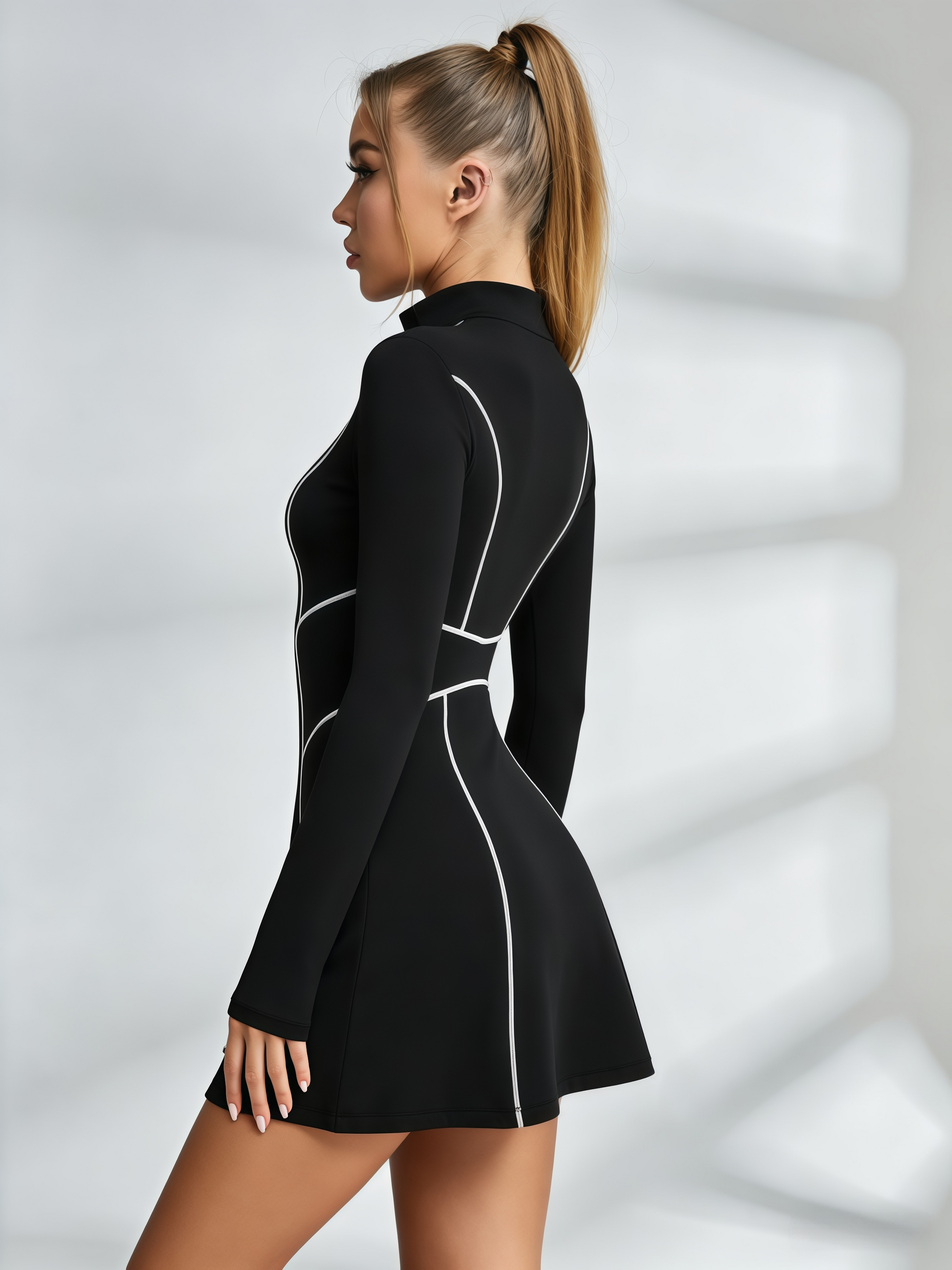 Black Long-Sleeve Half-Zip Contrast Stitch Tennis Dress with Built-In ZASUWA SPORTSWEAR Black Long-Sleeve Half-Zip Contrast Stitch Tennis Dress with Built-In ZASUWA SPORTSWEAR