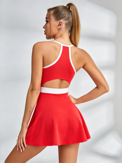 Color-Block Racerback Tennis Dress with Cutout & Built-In Shorts