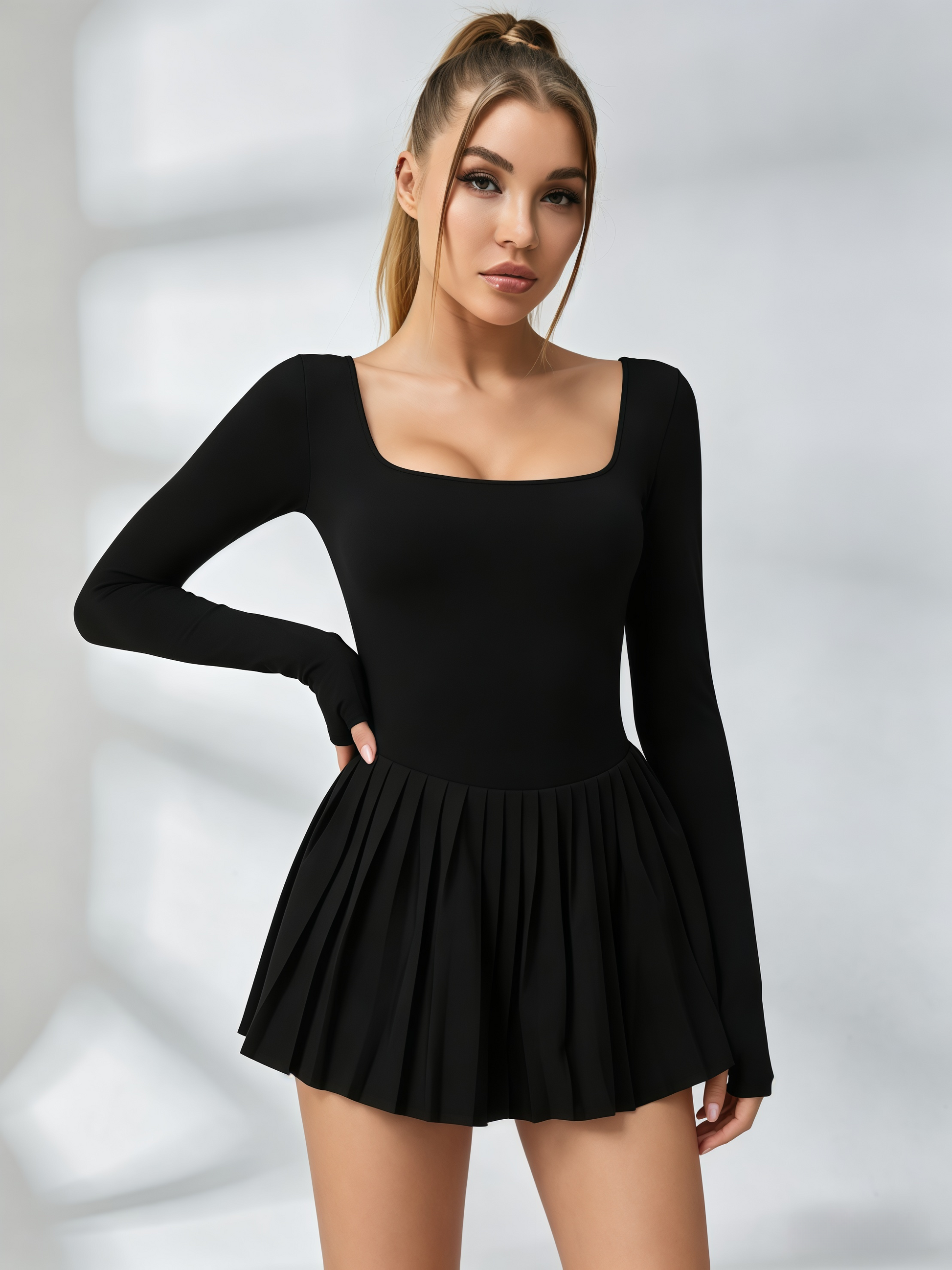 Long-Sleeve Square-Neck Tennis Dress