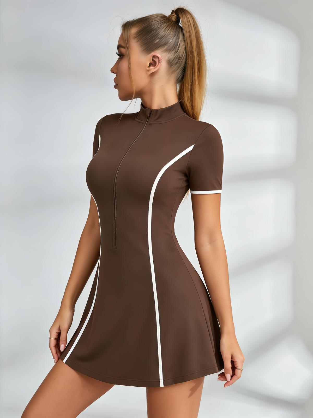 Half-Zip Contrast-Piping Tennis Dress
