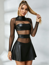 Mesh & Faux Leather Open-Back Mini Dress