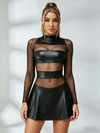 Mesh & Faux Leather Open-Back Mini Dress