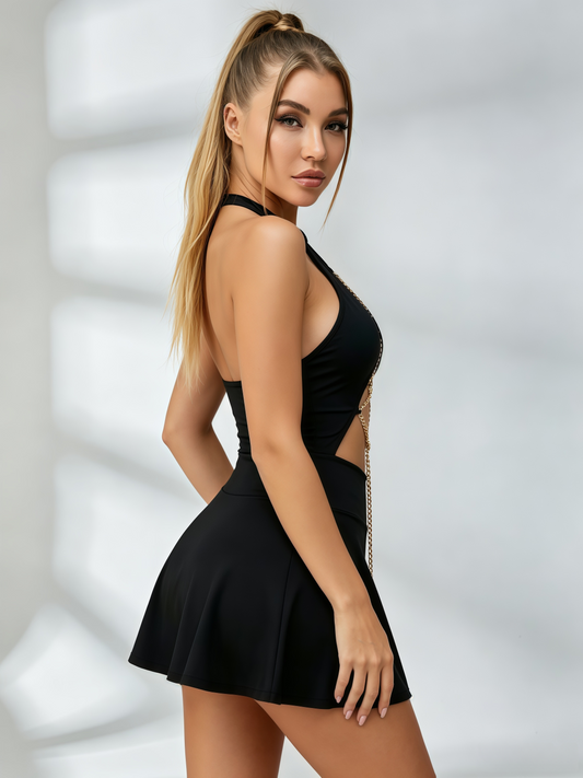 Gold Chain Lace-Up Halter Flare Mini Dress
