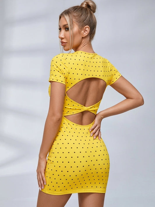 Polka Dot Cross Back Cutout Bodycon Dress