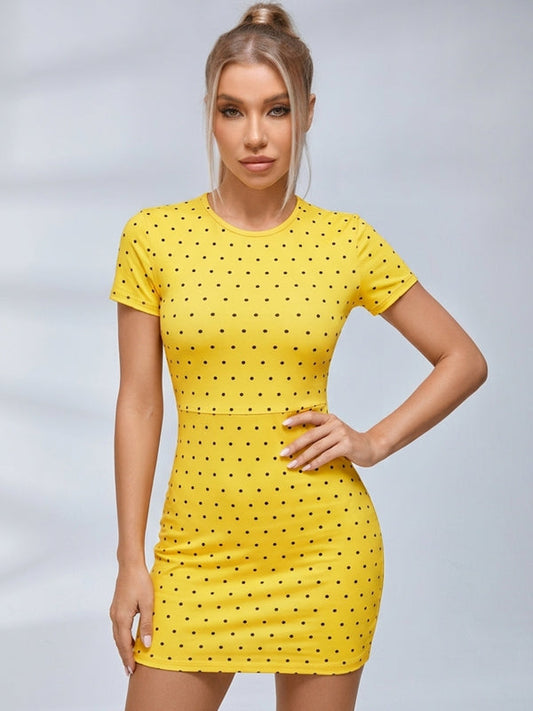 Polka Dot Cross Back Cutout Bodycon Dress