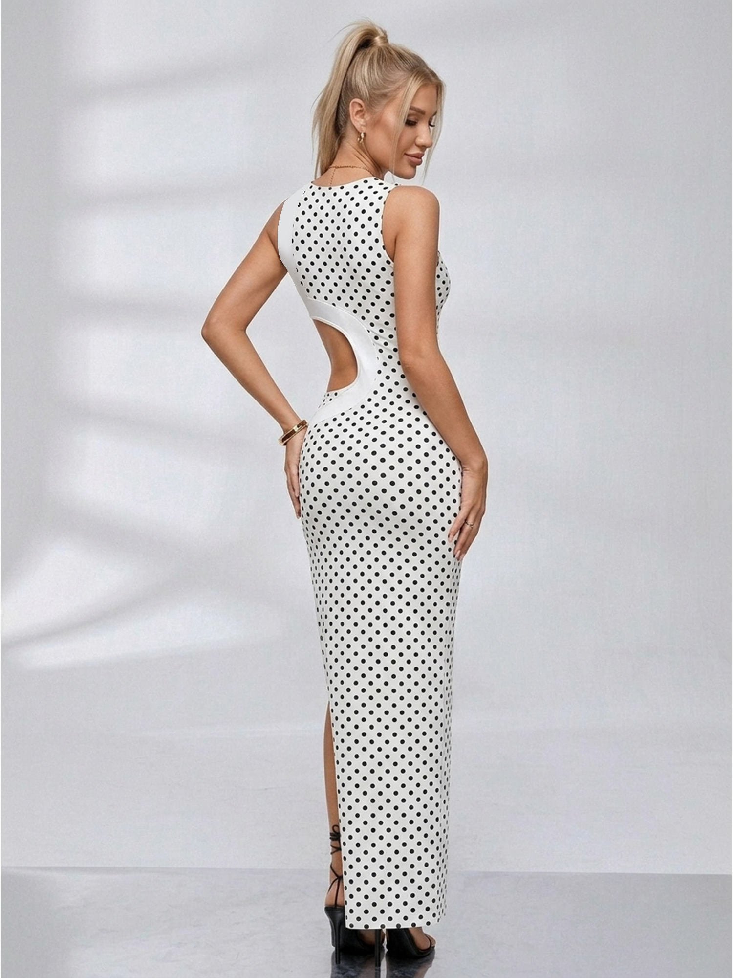 Color Block Waist Hollow Out Bodycon Long Dress