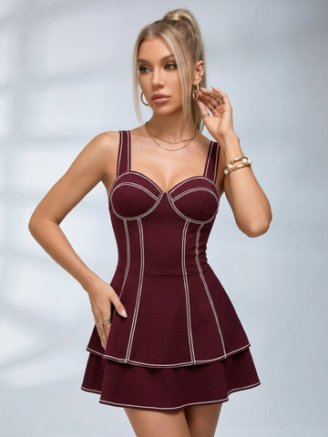 Contrast Piping Corset Layered Skater Mini Dress