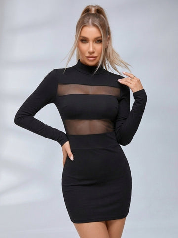 Mesh Cutout Long Sleeve Bodycon Mini Dress