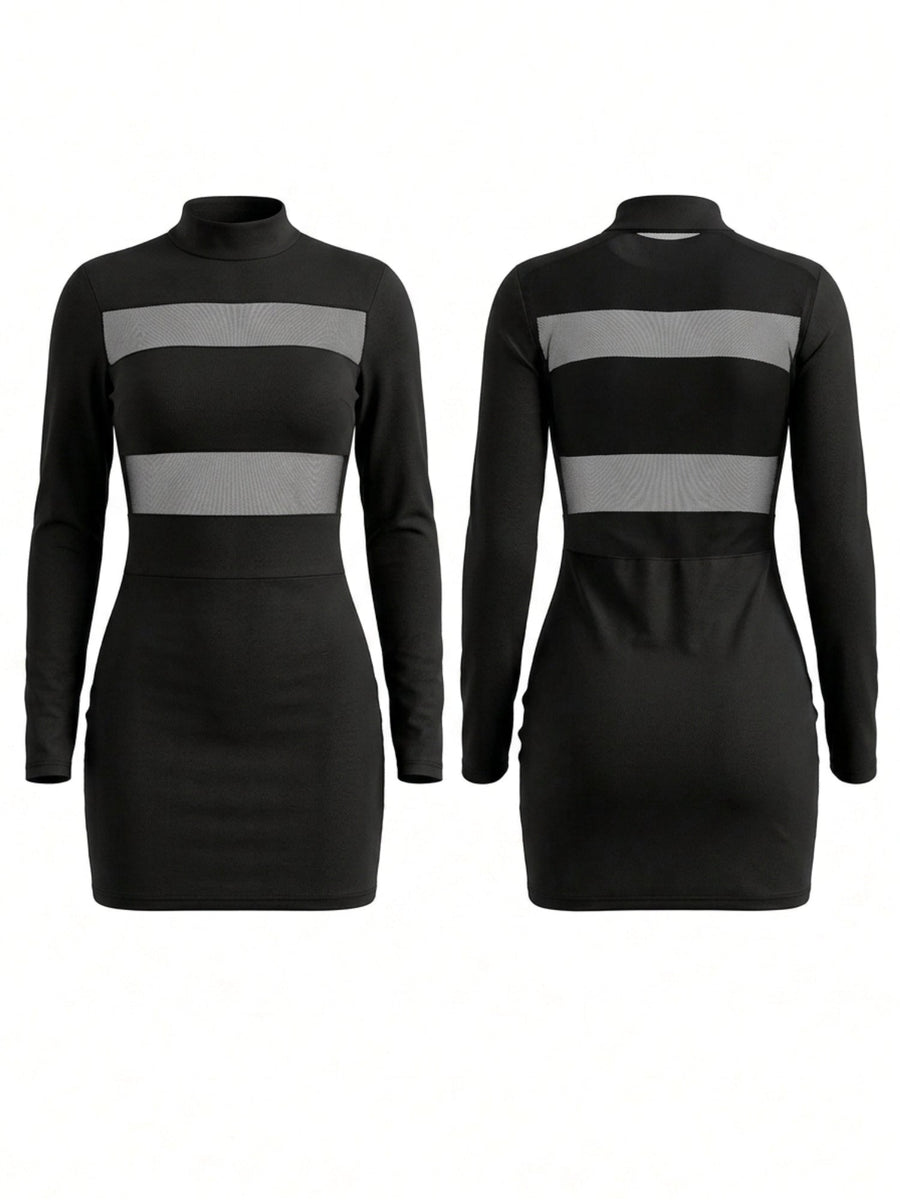 Mesh Cutout Long Sleeve Bodycon Mini Dress