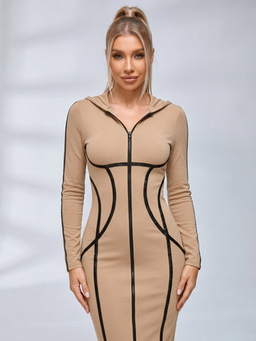 Contrast Piping Hooded Zip‑Up Bodycon Midi Dress