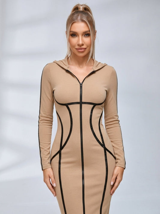 Contrast Piping Hooded Zip‑Up Bodycon Midi Dress