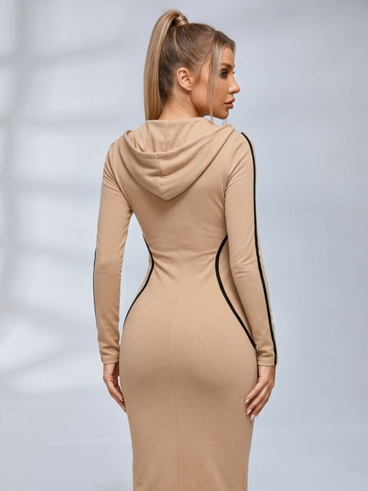 Contrast Piping Hooded Zip‑Up Bodycon Midi Dress