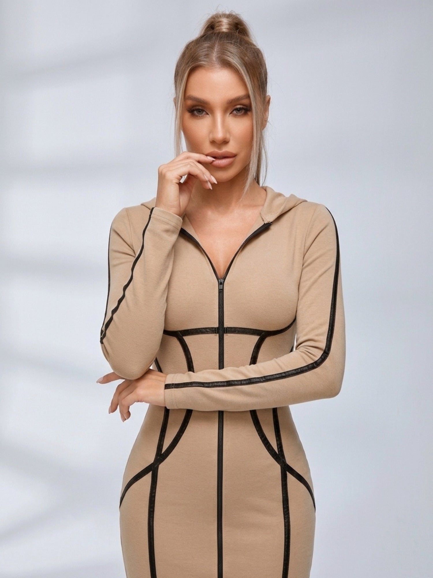 Contrast Piping Hooded Zip‑Up Bodycon Midi Dress