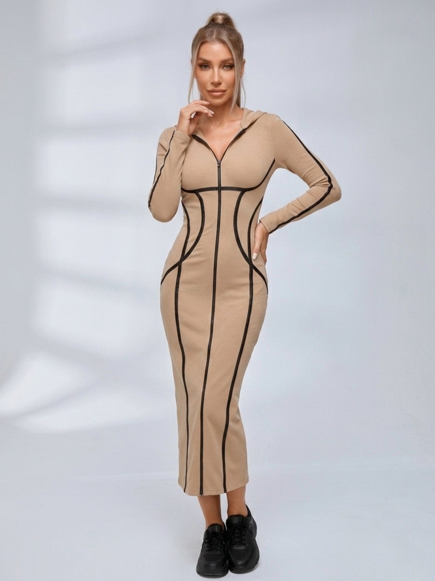 Contrast Piping Hooded Zip‑Up Bodycon Midi Dress