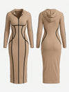 Contrast Piping Hooded Zip‑Up Bodycon Midi Dress