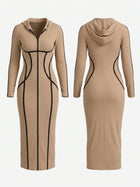Contrast Piping Hooded Zip‑Up Bodycon Midi Dress