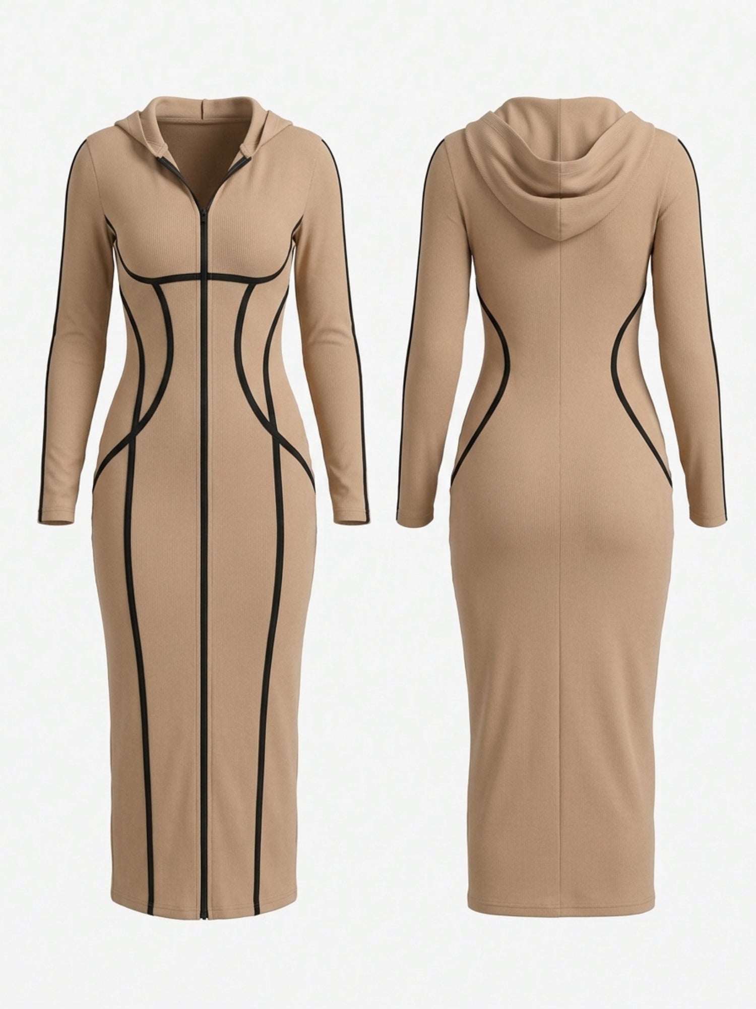 Contrast Piping Hooded Zip‑Up Bodycon Midi Dress