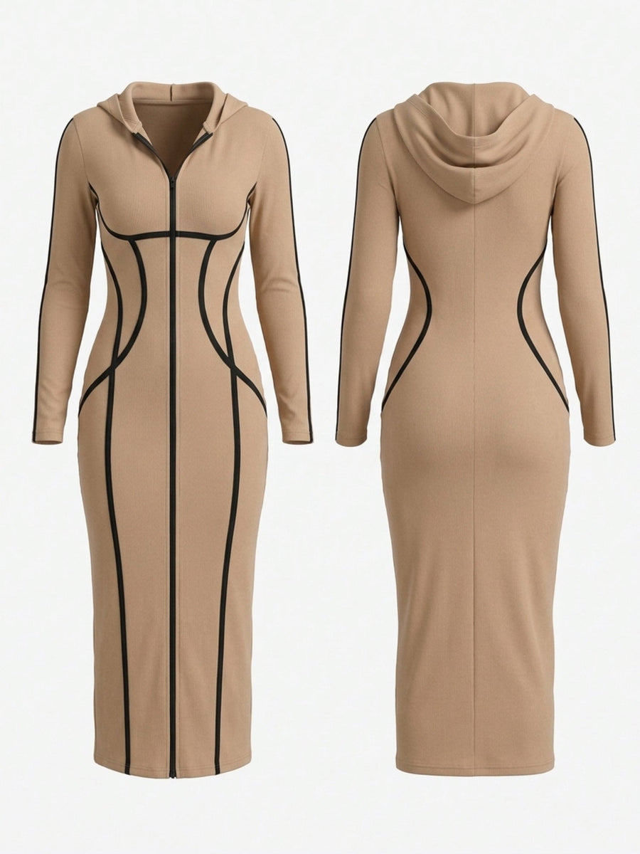 Contrast Piping Hooded Zip‑Up Bodycon Midi Dress