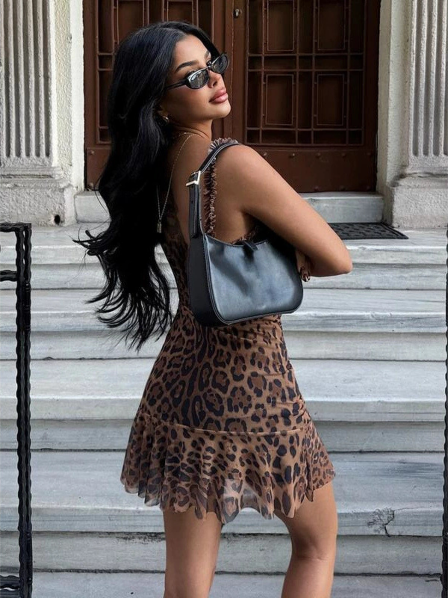 Ruffle V Neck Leopard Print Ruched Hem Slip Mini Dress