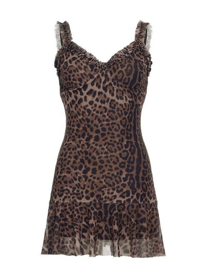 Ruffle V Neck Leopard Print Ruched Hem Slip Mini Dress