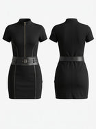 Stand Collar Front Zip Short Sleeve Fitted Belted Mini Skirt Set