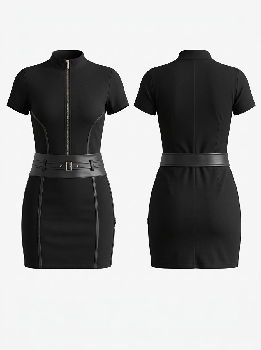 Stand Collar Front Zip Short Sleeve Fitted Belted Mini Skirt Set