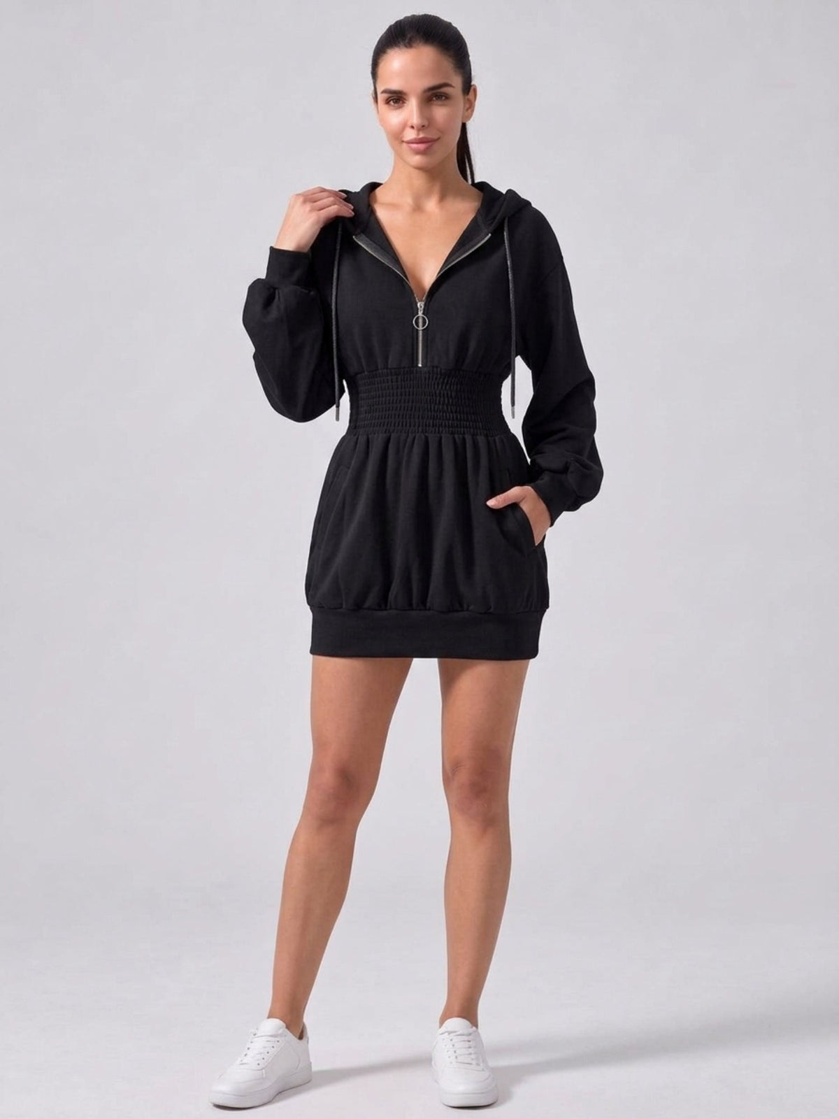 Deep V-Neck Shirred Waist Hooded Mini Dress