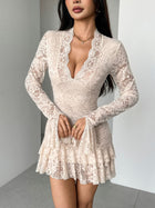 Lace Deep V-Neck Ruffle Hem Mini Dress with Bell Sleeves