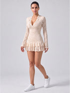 Lace Deep V-Neck Ruffle Hem Mini Dress with Bell Sleeves