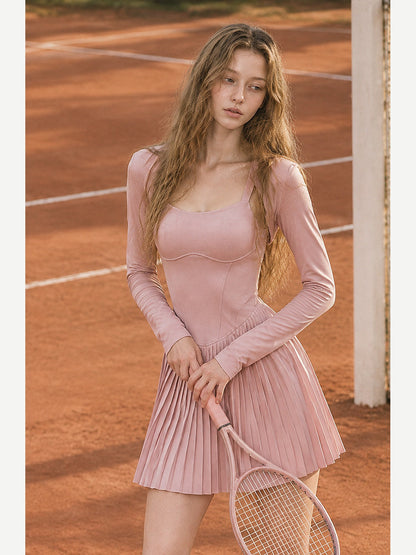 Women's Pleated Tennis Dress with Removable Long-Sleeve Shrug
