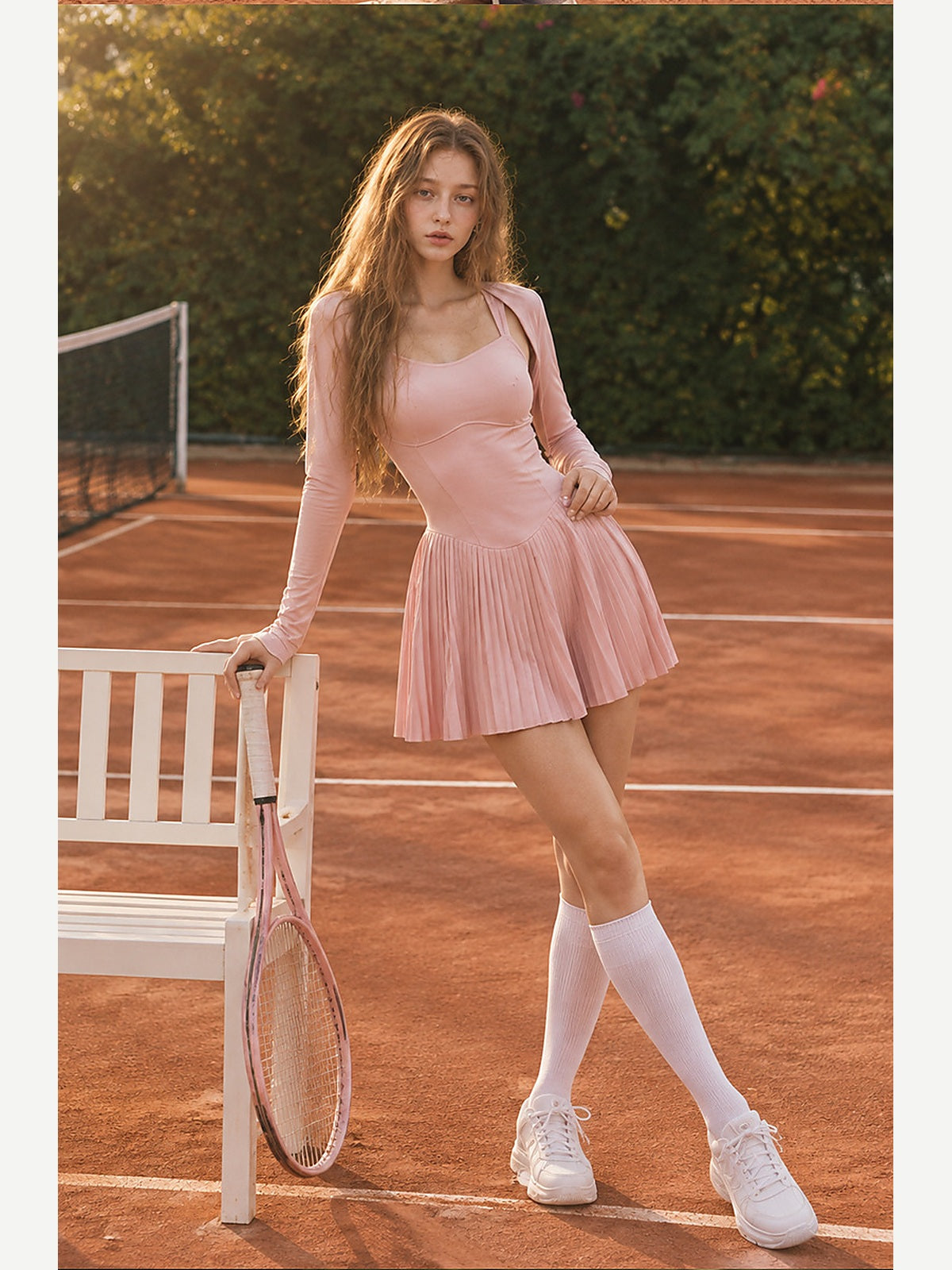 Women's Pleated Tennis Dress with Removable Long-Sleeve Shrug