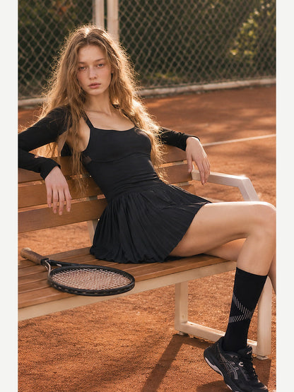 Women's Pleated Tennis Dress with Removable Long-Sleeve Shrug