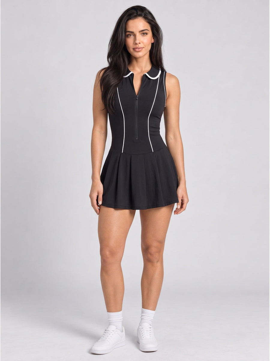 Women's Sleeveless Polo Collar Tennis Dress with Pleated Skirt