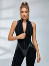 Faux Leather Zipper Stand Collar Push Up Sleevesless Jumpsuit