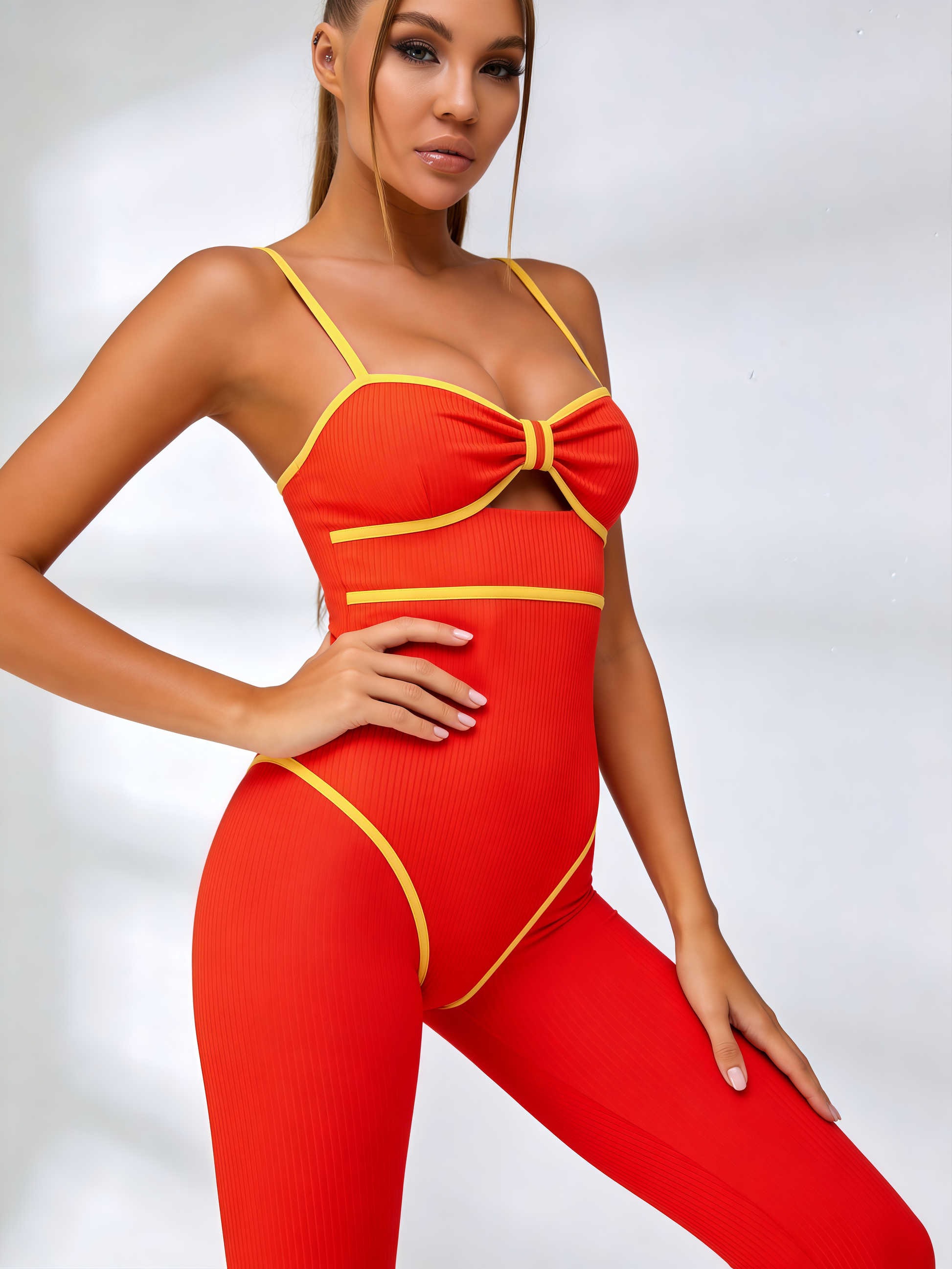 Bow Cutout Ribbed Cami Workout Jumpsuit