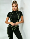 Neon Contrast Piping Zip Up Workout Jumpsuit