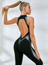 Faux Leather Panel Zip Front Sculpt Jumpsuit
