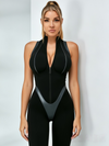 Faux Leather Zipper Stand Collar Push Up Sleevesless Jumpsuit