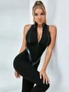 Sleeveless Half-Zip Grey Panel Full-Length Jumpsuit