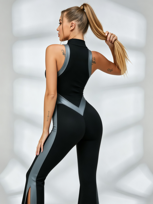 Half-Zip Split Flare Jumpsuit