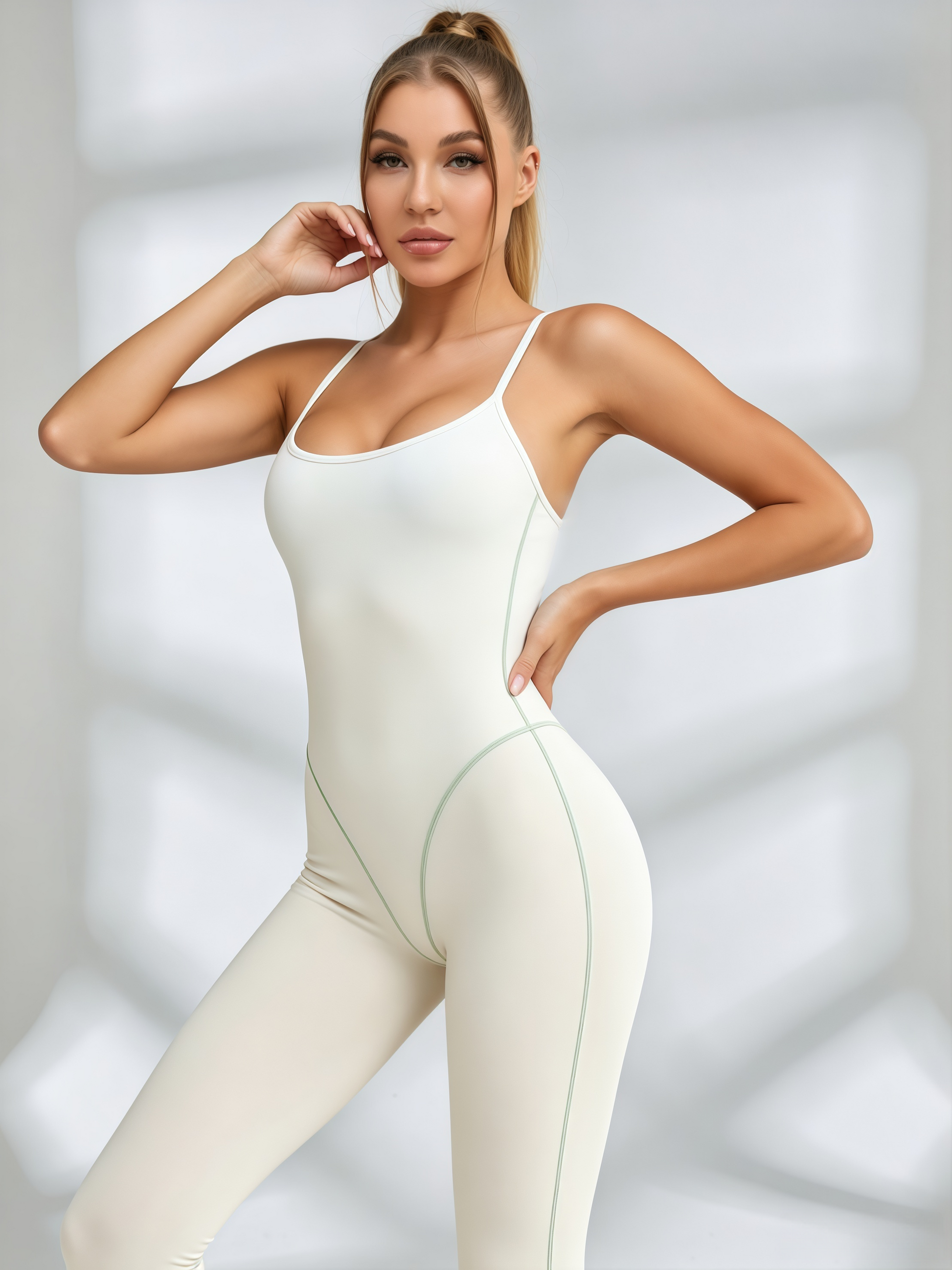 Basic Scoop Neck Mint Piping Full Length Jumpsuit