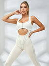 Zip Front Waist Cutout Mint Piping Full Jumpsuit