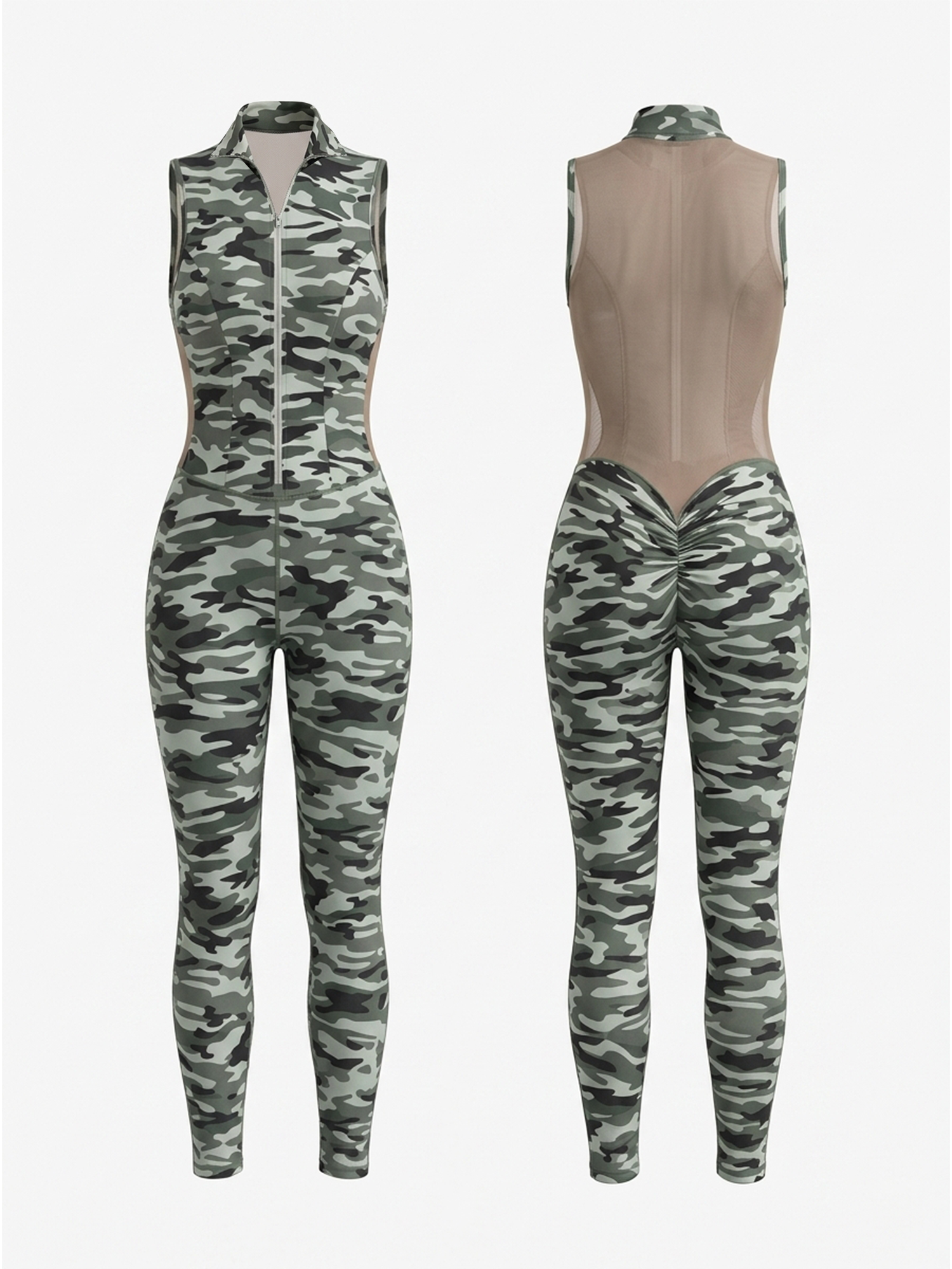 Camouflage Mesh Back Zip‑Up Sleeveless Jumpsuit