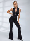 Sleeveless Zip Front Mesh Back Flared Jumpsuit