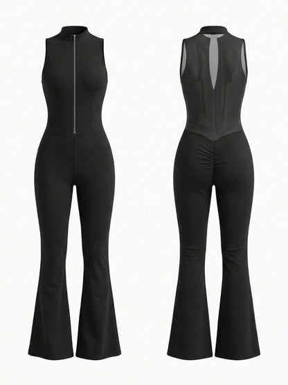 Sexy Sheer Mesh Back Deep V Back Scrunch Bum Zipper Jumpsuit