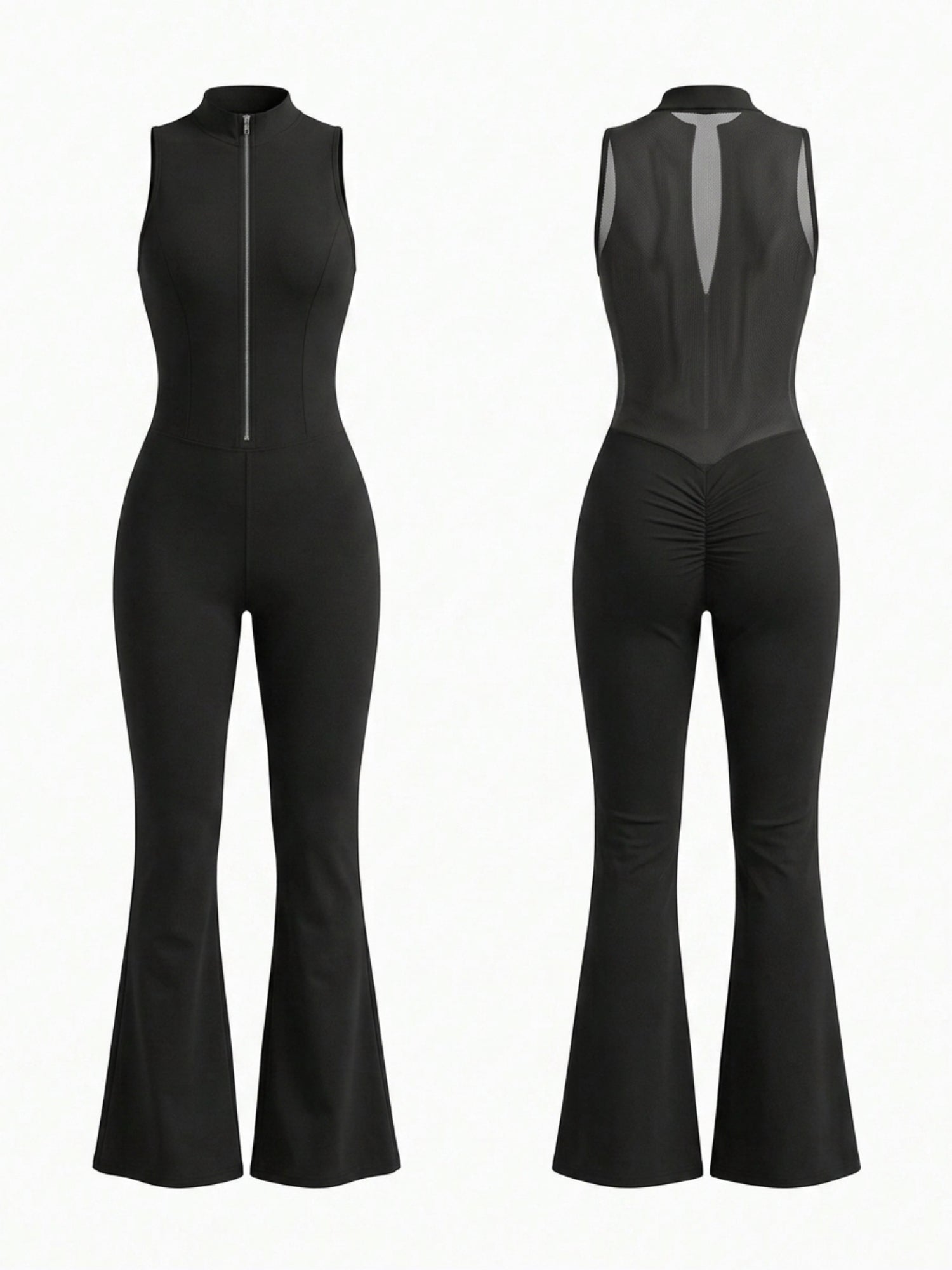 Sleeveless Zip Front Mesh Back Flared Jumpsuit