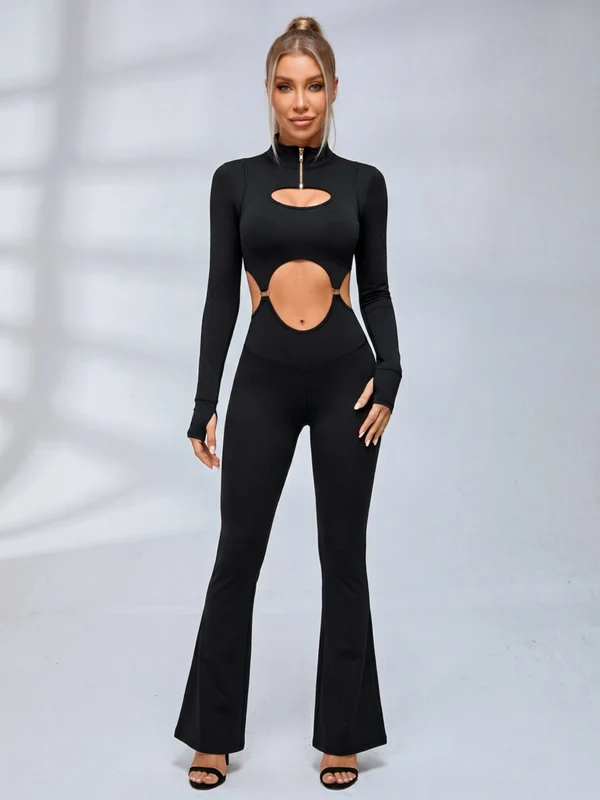 Half Zip Cutout Waist Long Sleeve Flared Jumpsuit