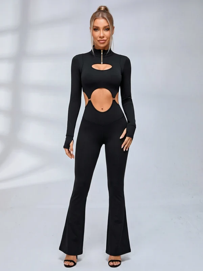 Half Zip Cutout Waist Long Sleeve Flared Jumpsuit